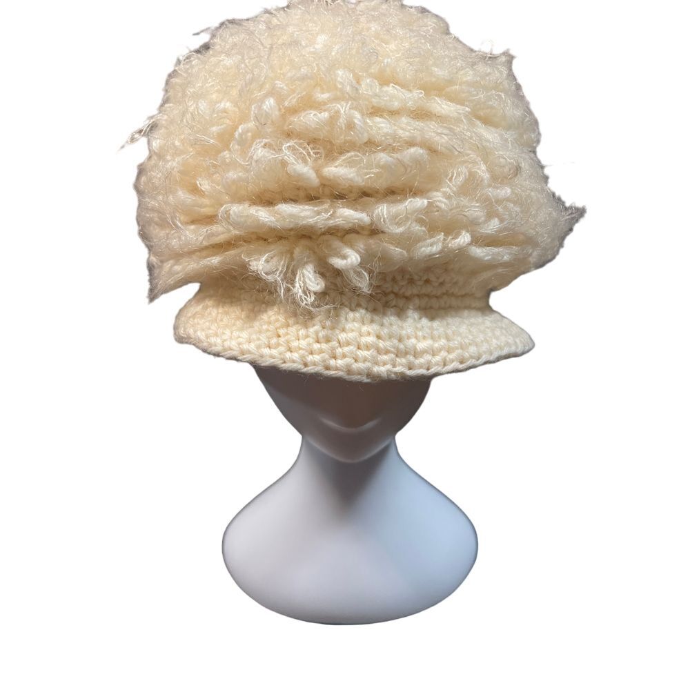 Vintage-Inspired Fluffy Knit Beanie Hat Winter Warm Cream Textured Cap H-16